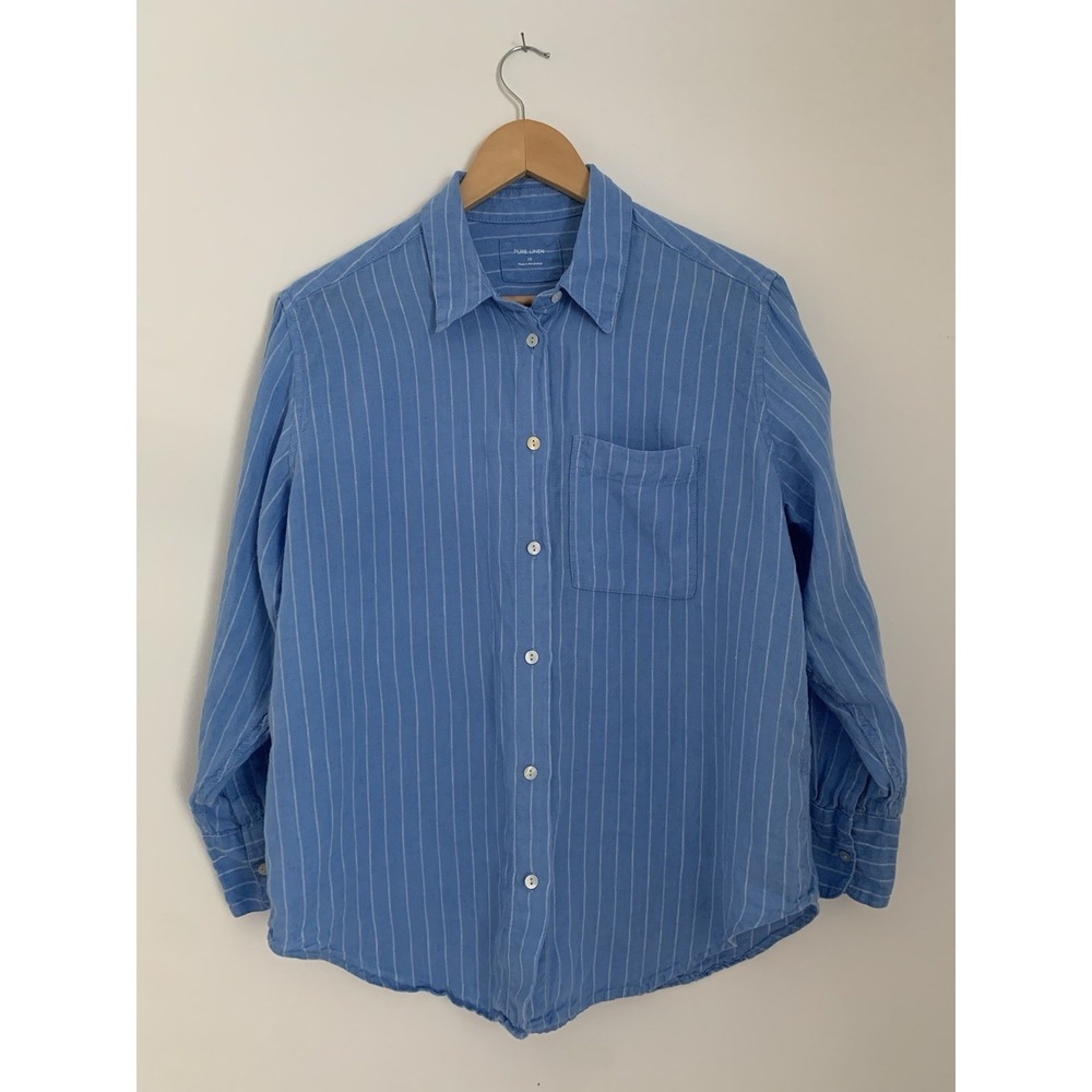 Marks & Spencer Pure Linen Bottom Up Women‎ Sz US 6 Blue Striped Pearl Button